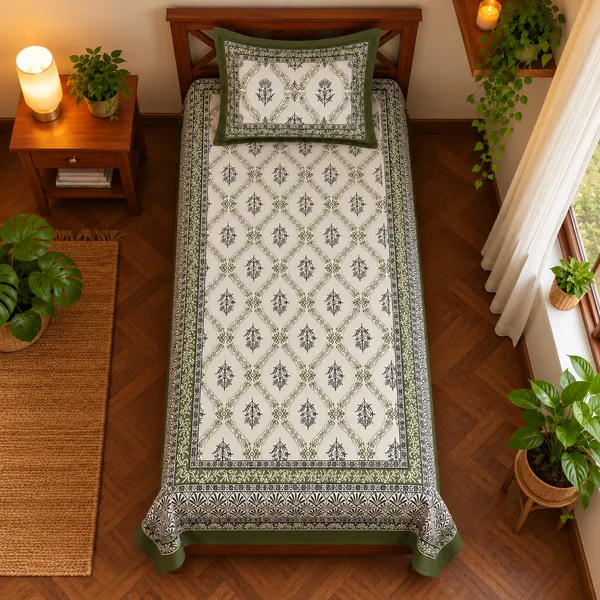 Olive_Green_Traditional_Botanical_Print_Single_Bedsheet_with_1_Pillow_Cover