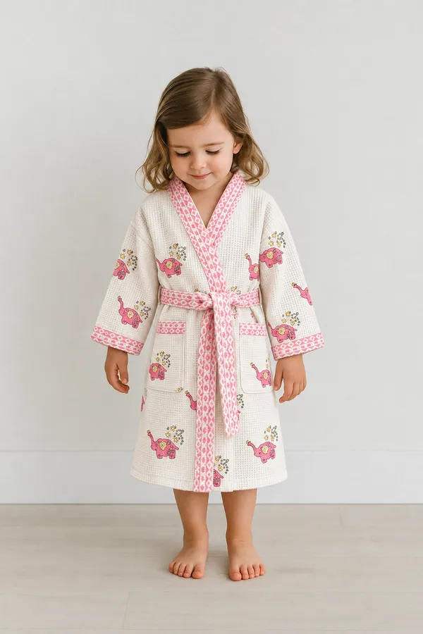 Pink_Elephant_Hand_Block_Print_Kids_Bathrobe