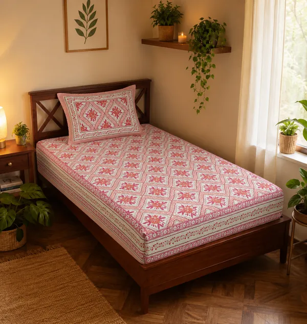 Pink_Floral_Geometric_Print_Single_Bedsheet_with_Matching_Pillow_Cover_–_60_×_90_Inches