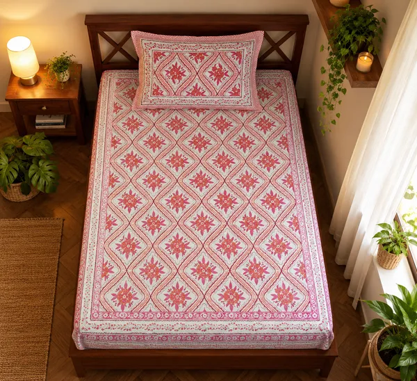 Pink_Floral_Geometric_Print_Single_Bedsheet_with_Matching_Pillow_Cover_–_60_×_90_Inches
