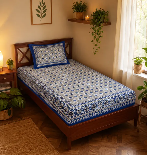 Royal_Blue_Floral_Geometric_Print_Single_Bedsheet_with_1_Pillow_Cover