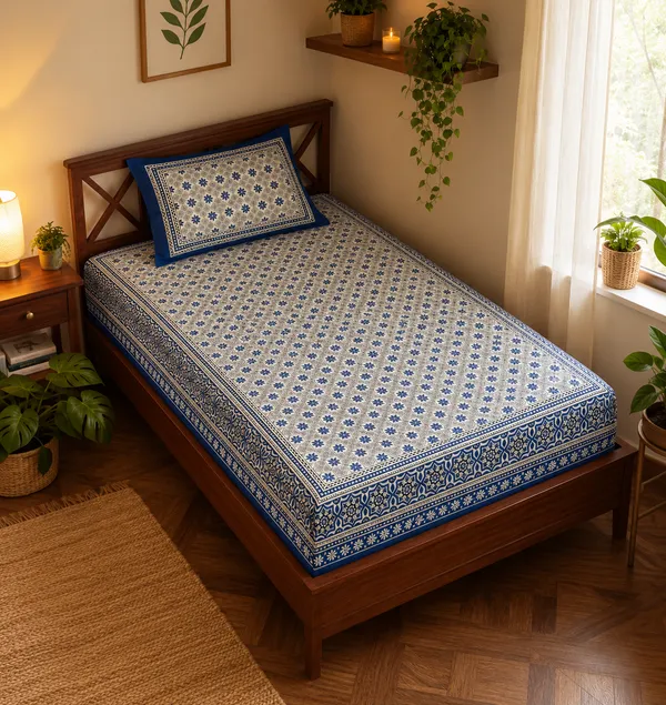Royal_Blue_Floral_Geometric_Print_Single_Bedsheet_with_1_Pillow_Cover