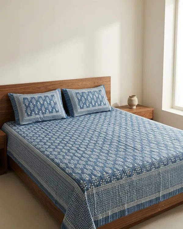 Handblock_Blue_Floral_Cotton_Bedsheet_Set_with_2_Pillow_Covers_|_Traditional_Printed_Bedding_Set