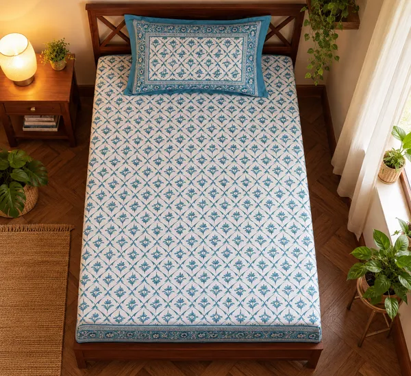 Teal_Blue_Geometric_Floral_Print_Single_Bedsheet_with_1_Pillow_Cover