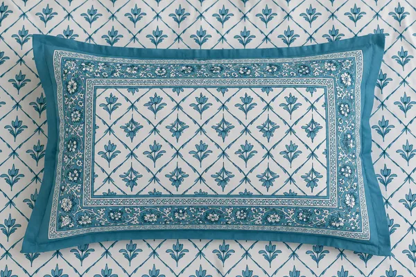 Teal_Blue_Geometric_Floral_Print_Single_Bedsheet_with_1_Pillow_Cover