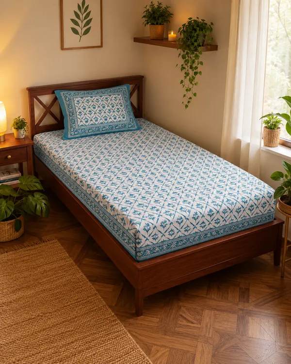 Teal_Blue_Geometric_Floral_Print_Single_Bedsheet_with_1_Pillow_Cover