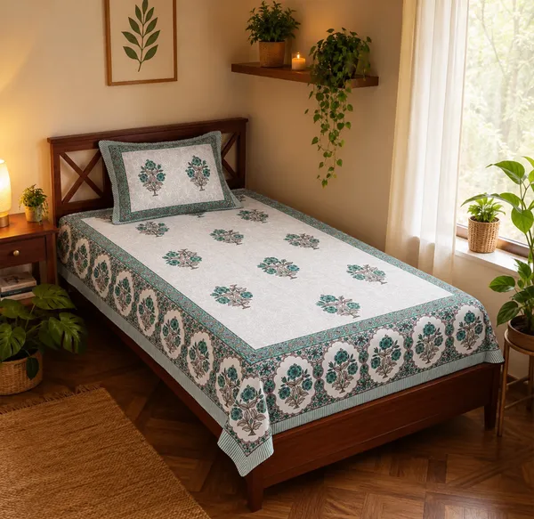 Teal_Floral_Cotton_Single_Bedsheet_with_1_Pillow_Cover