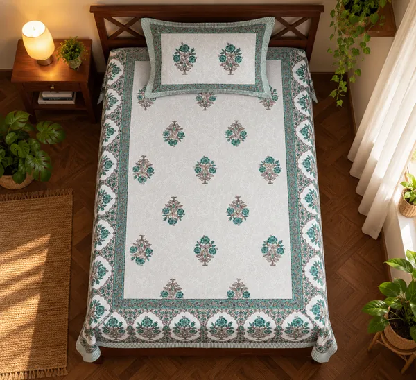 Teal_Floral_Cotton_Single_Bedsheet_with_1_Pillow_Cover