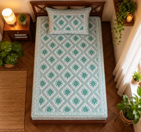 Teal_Green_Floral_Geometric_Print_Single_Bedsheet_with_1_Pillow_Cover