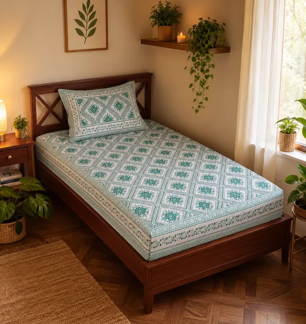 Teal_Green_Floral_Geometric_Print_Single_Bedsheet_with_1_Pillow_Cover