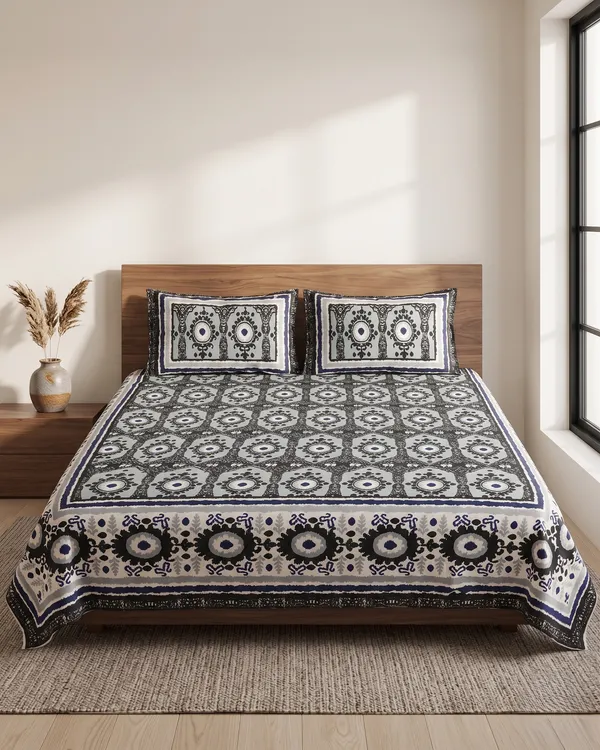 Phulkari_Black_&_White_Printed_Cotton_Bedsheet_With_Pillow_Covers_–_Soft_Breathable_Double_Bed_Sheet_Set_|_Ethnic_Geometric_Design