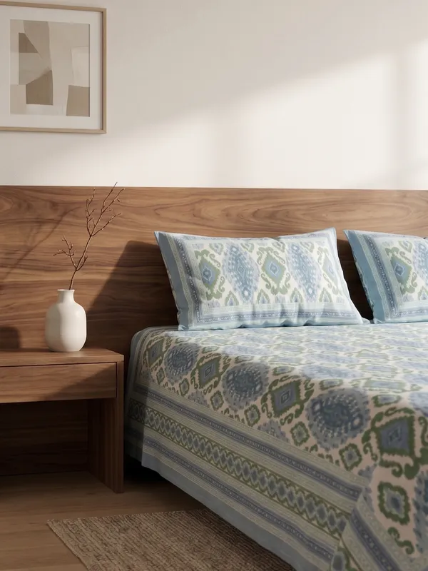 Blue_&_Green_Ikat_Print_Cotton_Bedsheet_Set_with_2_Pillow_Covers_|_Ethnic_Double_Bed_Bedding_Set