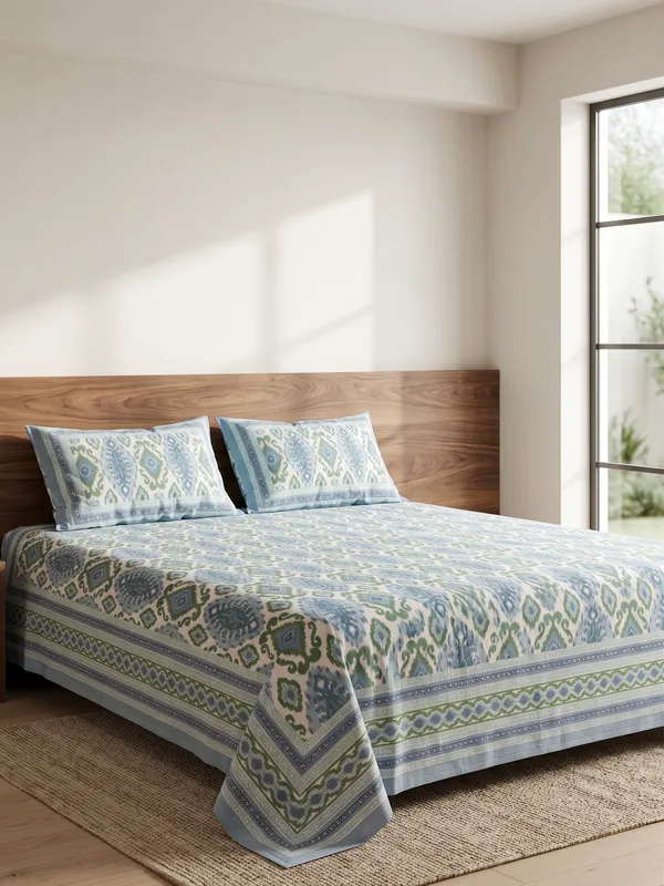 Blue_&_Green_Ikat_Print_Cotton_Bedsheet_Set_with_2_Pillow_Covers_|_Ethnic_Double_Bed_Bedding_Set
