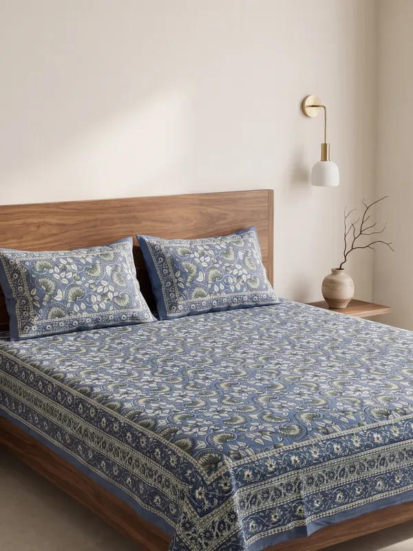 Premium_Cotton_Floral_Print_Double_Bedsheet_with_2_Pillow_Covers_–_Elegant_Blue_Handblock_Style_Bed_Sheet_Set_for_Queen_&_King_Size_Beds
