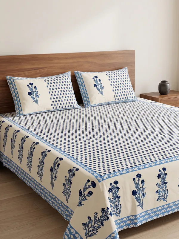 Blue_Floral_Printed_Cotton_Bedsheet_Set_with_2_Pillow_Covers_|_Elegant_Handblock_Style_Bedding_Set
