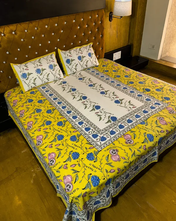 ellow_Floral_Printed_Cotton_Bedsheet_with_2_Pillow_Covers_|_Ethnic_Handblock_Style_Double_Bed_Bedding_Set