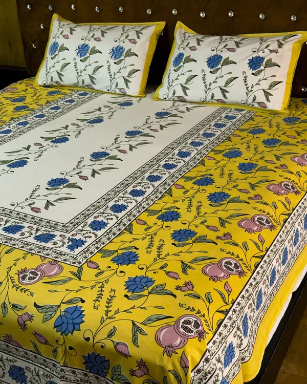 ellow_Floral_Printed_Cotton_Bedsheet_with_2_Pillow_Covers_|_Ethnic_Handblock_Style_Double_Bed_Bedding_Set