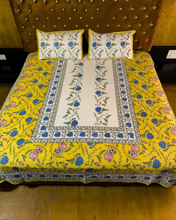 ellow_Floral_Printed_Cotton_Bedsheet_with_2_Pillow_Covers_|_Ethnic_Handblock_Style_Double_Bed_Bedding_Set