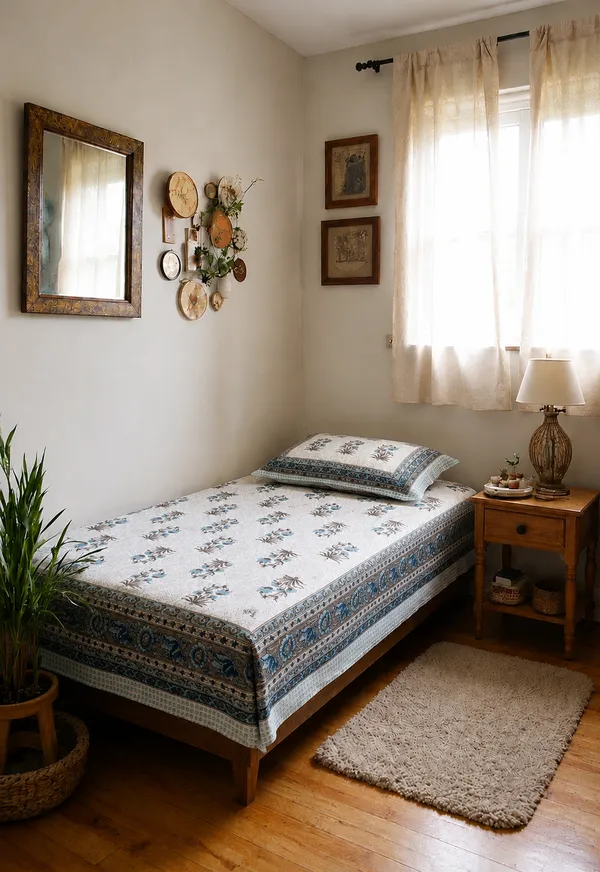 Ivory_Blue_Floral_Border_Single_Bedsheet_with_Pillow_Cover