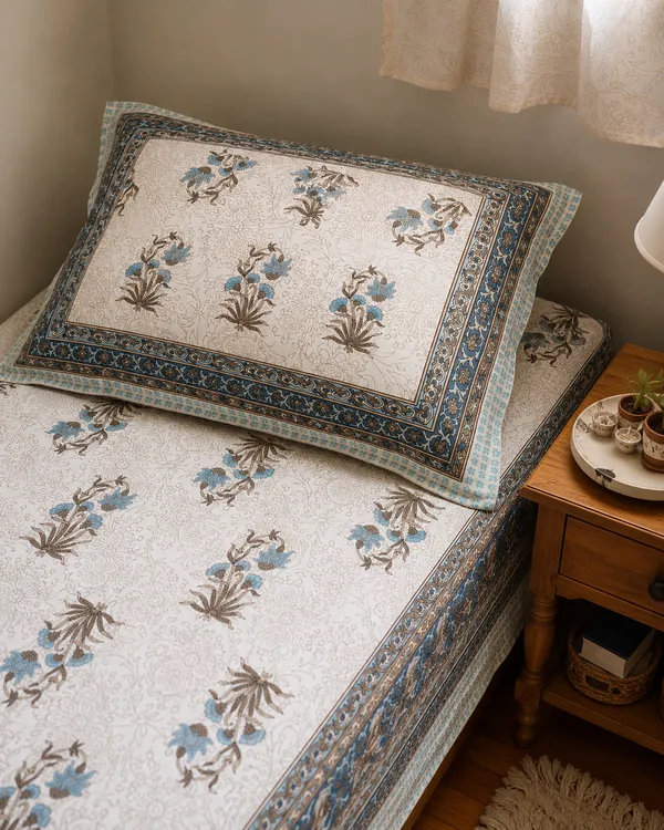 Ivory_Blue_Floral_Border_Single_Bedsheet_with_Pillow_Cover