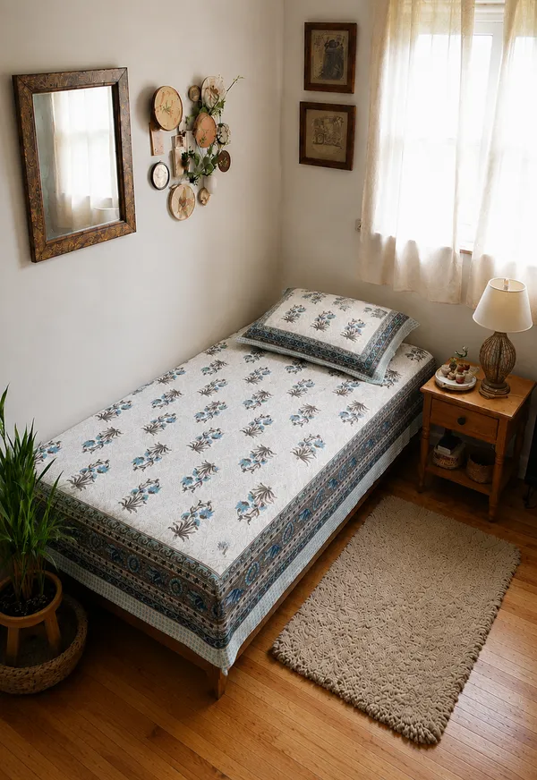 Ivory_Blue_Floral_Border_Single_Bedsheet_with_Pillow_Cover