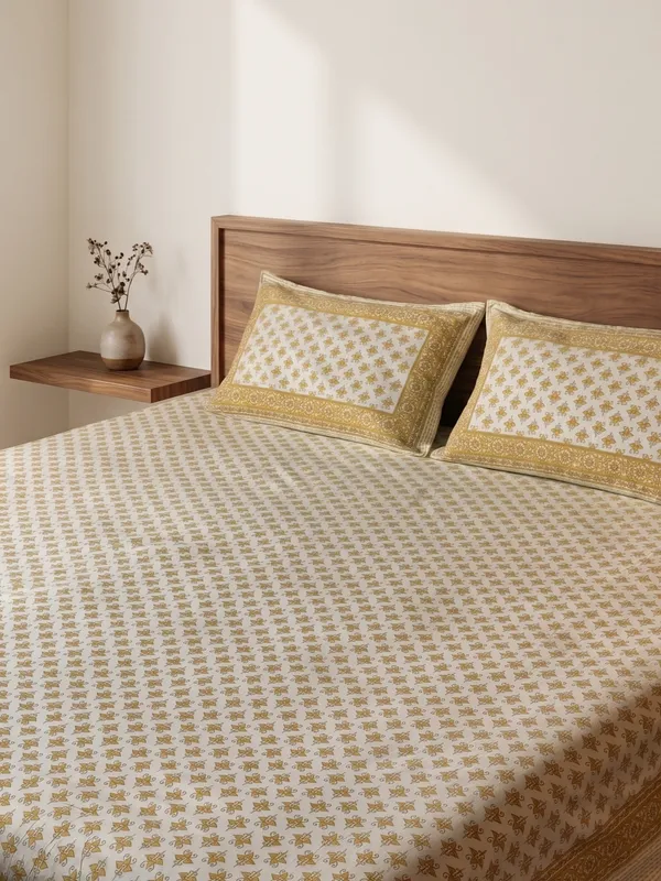 Premium_Printed_Cotton_Bedsheet_with_2_Pillow_Covers_|_Elegant_Beige_&_Gold_Pattern_Double_Bed_Bedding_Set