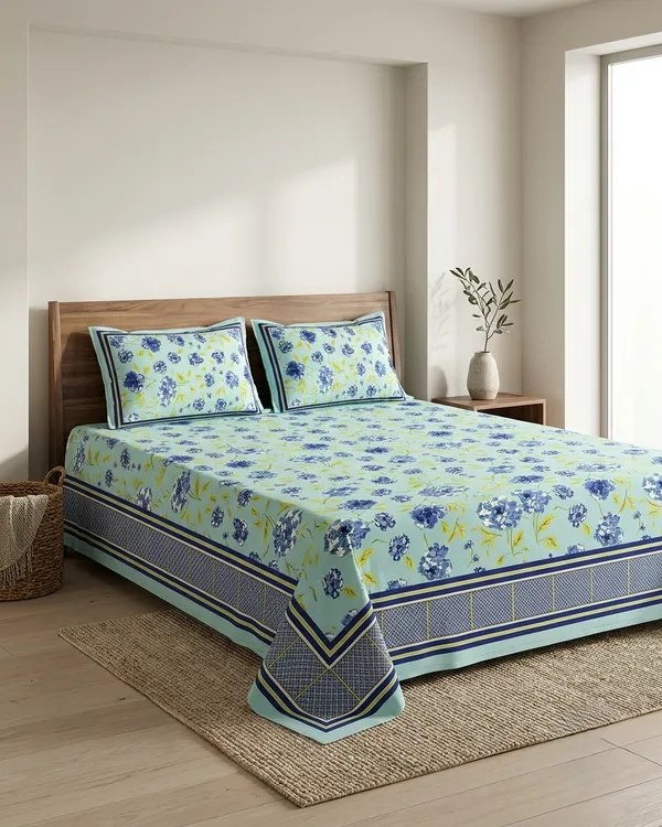 Sky_Bloom_Floral_Bedsheet_Set_with_2_Pillow_Covers_|_Soft_Cotton_Feel_Double_Bed_Sheet
