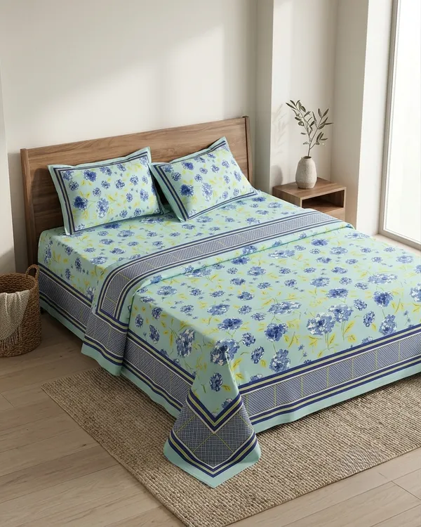 Sky_Bloom_Floral_Bedsheet_Set_with_2_Pillow_Covers_|_Soft_Cotton_Feel_Double_Bed_Sheet