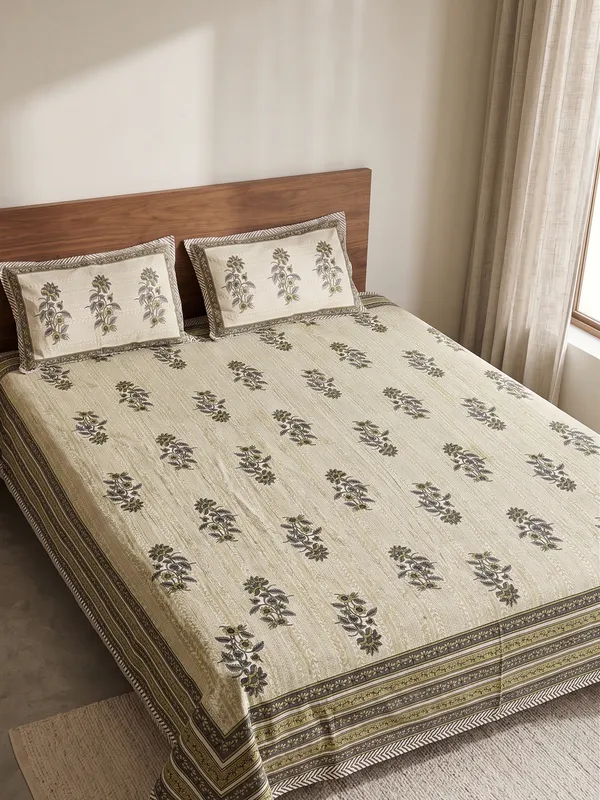 Beige_&_Olive_Floral_Cotton_Bedsheet_with_2_Pillow_Covers_|_Elegant_Ethnic_Printed_Double_Bed_Bedding_Set