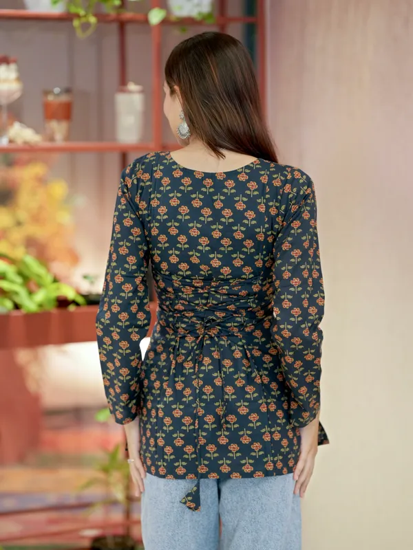 Navy_Blue_Floral_Print_Short_Kurti__For_Women