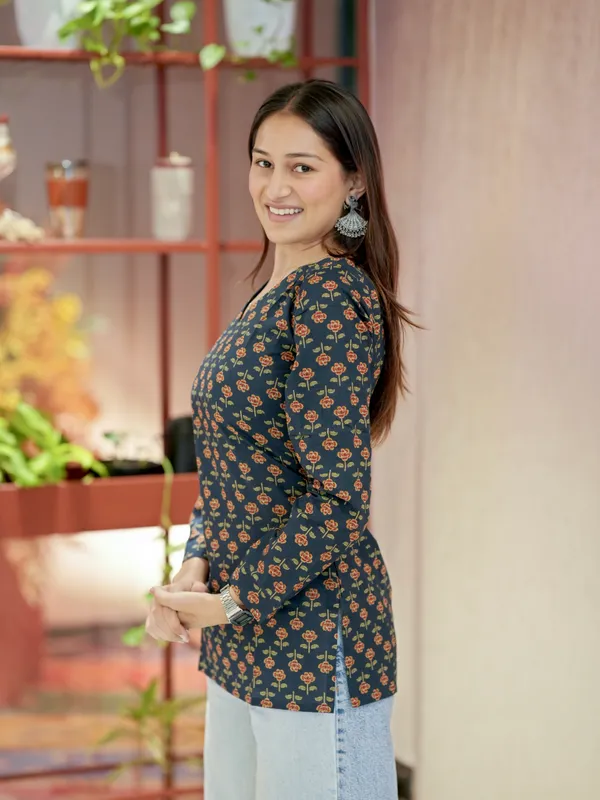 Navy_Blue_Floral_Print_Short_Kurti__For_Women