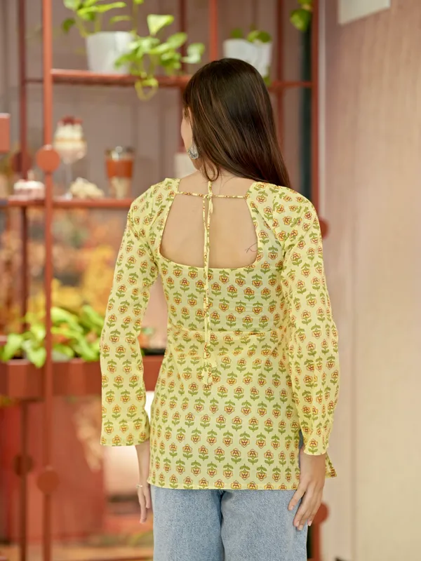 Yellow_Printed_Long_Sleeve_Short_Kurti_With_Corset_Tie_Back_Detail_For_Women
