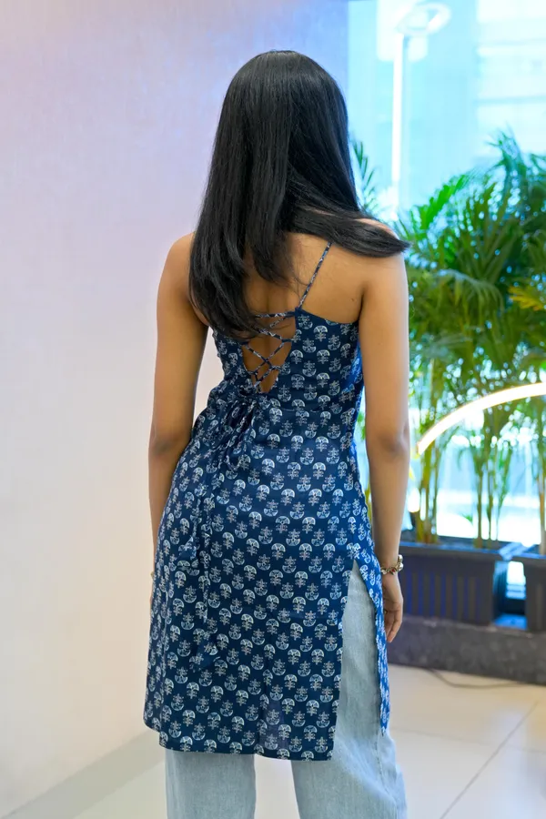Navy_Blue_Printed__Spaghetti_Straps_Kurti_With_Corset_Back_For_Women