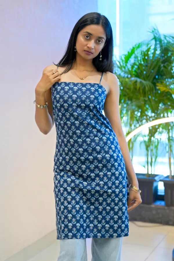 Navy_Blue_Printed__Spaghetti_Straps_Kurti_With_Corset_Back_For_Women