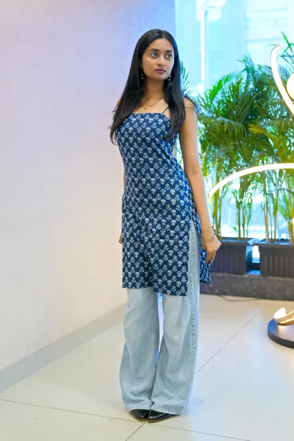 Navy_Blue_Printed__Spaghetti_Straps_Kurti_With_Corset_Back_For_Women