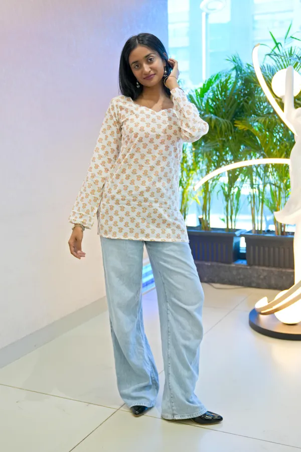 Beige_Floral_Print_Long_Sleeve_Short_Kurti__For_Women