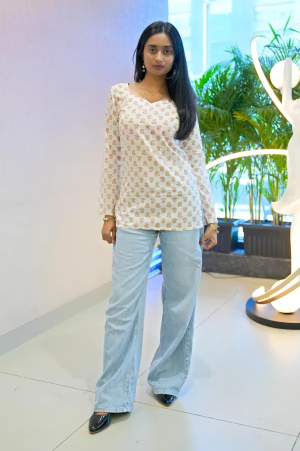 Beige_Floral_Print_Long_Sleeve_Short_Kurti__For_Women