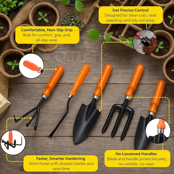 5_Piece_Garden_Hand_Tools_Set_With_Ergonomic_Non_Slip_Grip,_Trowel,_Fork,_Rake,_Weeder_And_Transplanter