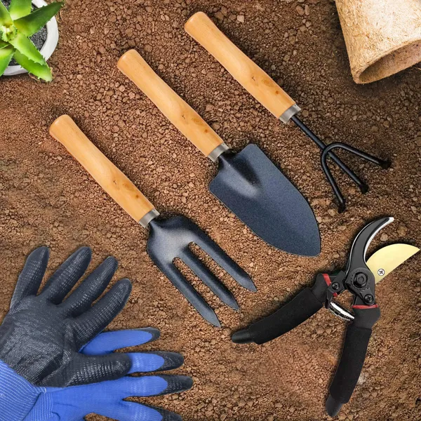 5_Piece_Garden_Hand_Tools_Set_With_Ergonomic_Non_Slip_Grip,_Trowel,_Fork,_Rake,_Weeder_And_Transplanter