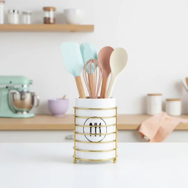 Kitchen_Utensil_Holder_With_Gold_Wire_Stand_White_Ceramic_Crock_Cutlery