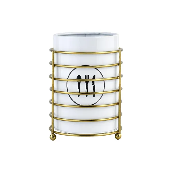 Kitchen_Utensil_Holder_With_Gold_Wire_Stand_White_Ceramic_Crock_Cutlery
