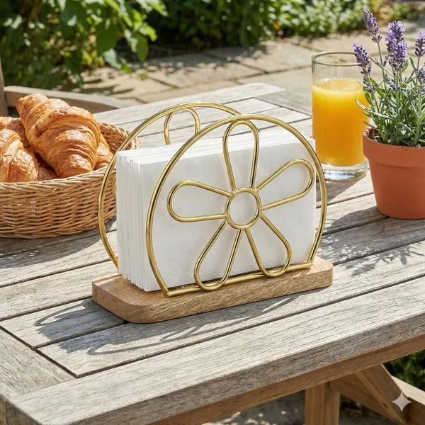 Napkin_Holder_Gold_Metal_Wire_With_Wood_Base_Floral_Design