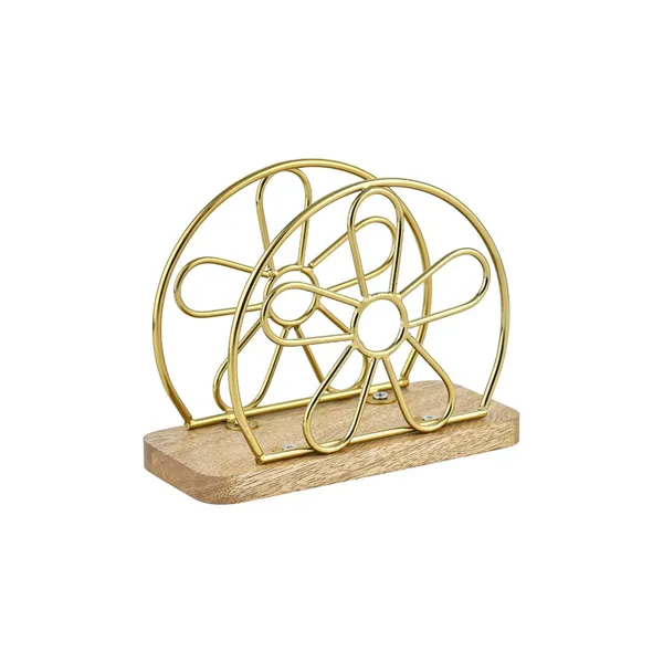 Napkin_Holder_Gold_Metal_Wire_With_Wood_Base_Floral_Design