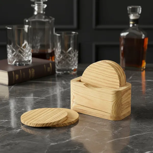 Wooden_Coaster_Set_With_Holder_Natural_Wood_Round_Shape_6_Pieces