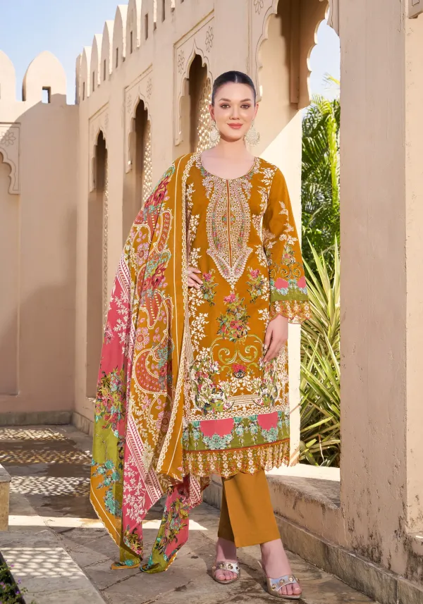 Unstitched_Mustard_Cambric_Cotton_Embroidered__Suit_For_Women