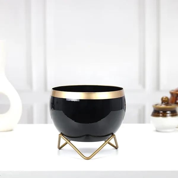 Modern_Solid_Black_Bowl_Planter_With_Gold_Metal_Stand