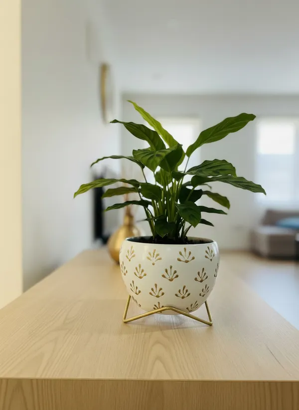 Modern_Gold_Foliage_Print_Planter_With_Gold_Metal_Stand