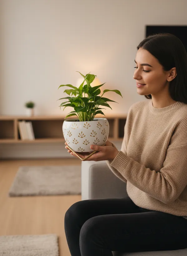 Modern_Gold_Foliage_Print_Planter_With_Gold_Metal_Stand