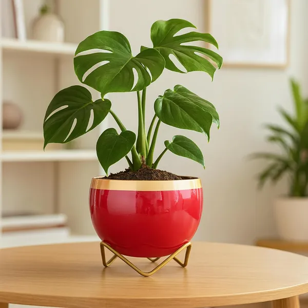 Modern_Solid_Red_Bowl_Planter_With_Gold_Metal_Stand