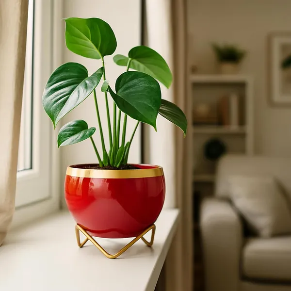 Modern_Solid_Red_Bowl_Planter_With_Gold_Metal_Stand